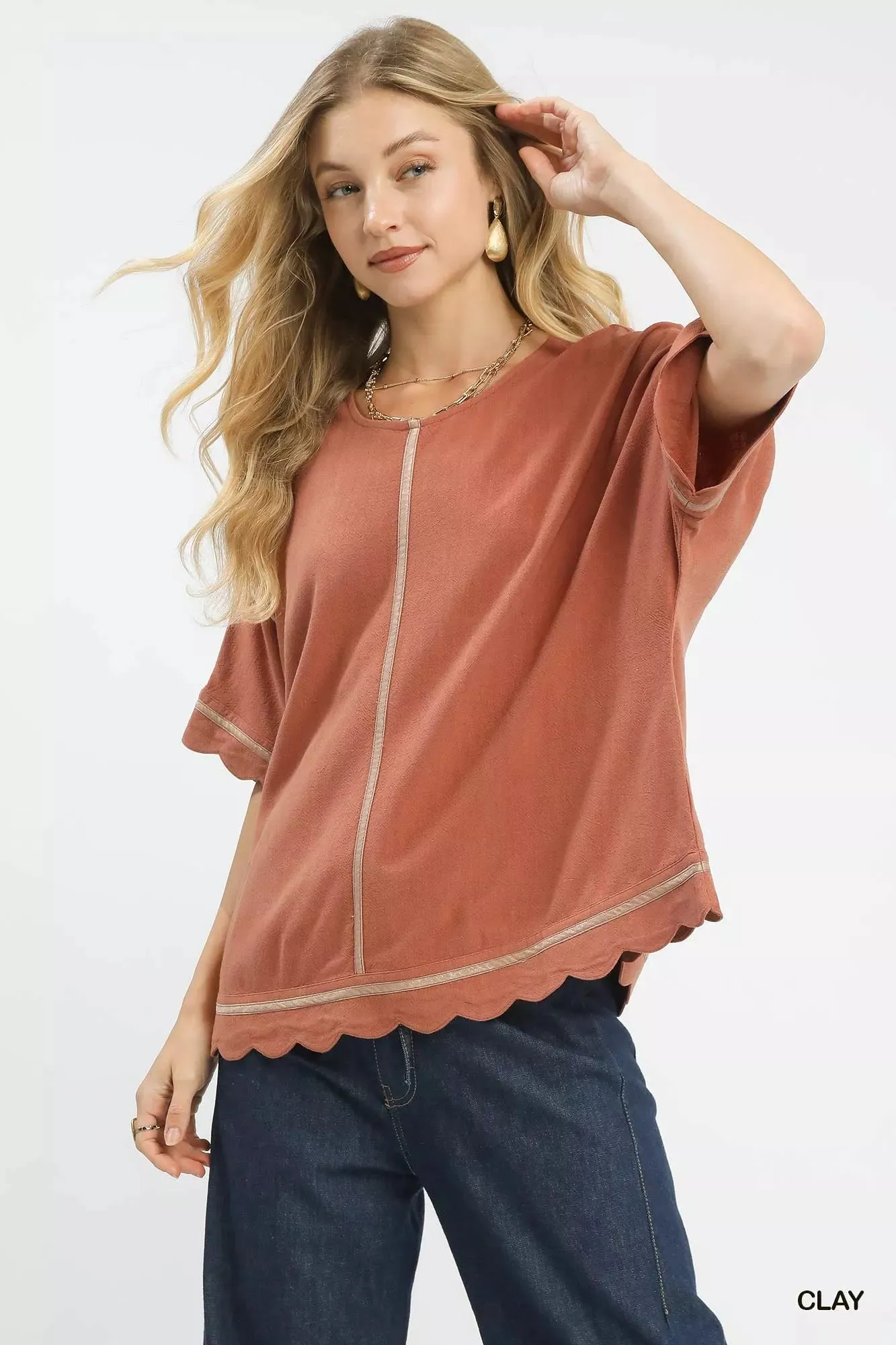 Umgee Linen Blend Scallop Trim Top sold by Charming Charlie