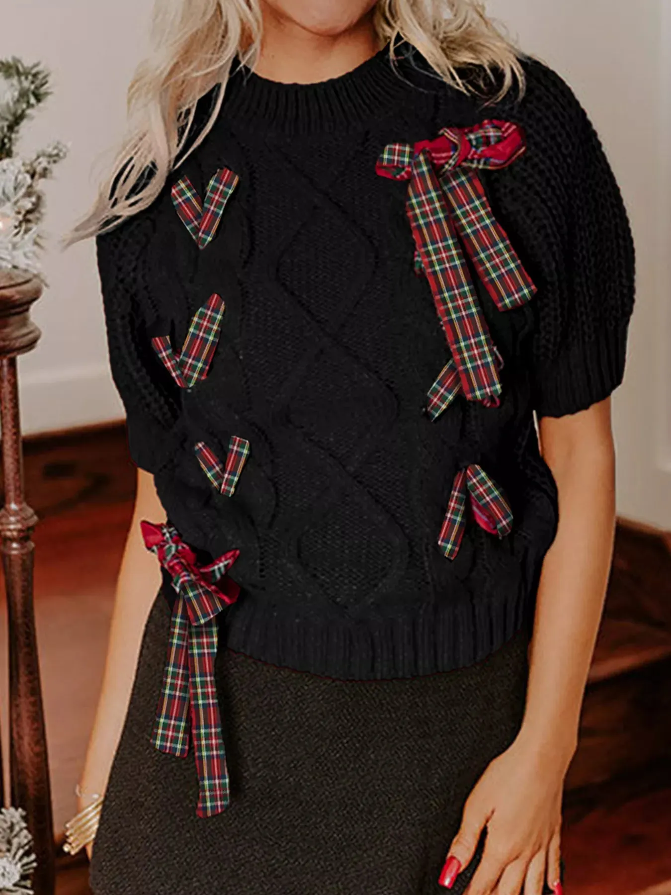 Plaid Bow Short Sleeve Sweater sold by Charming Charlie