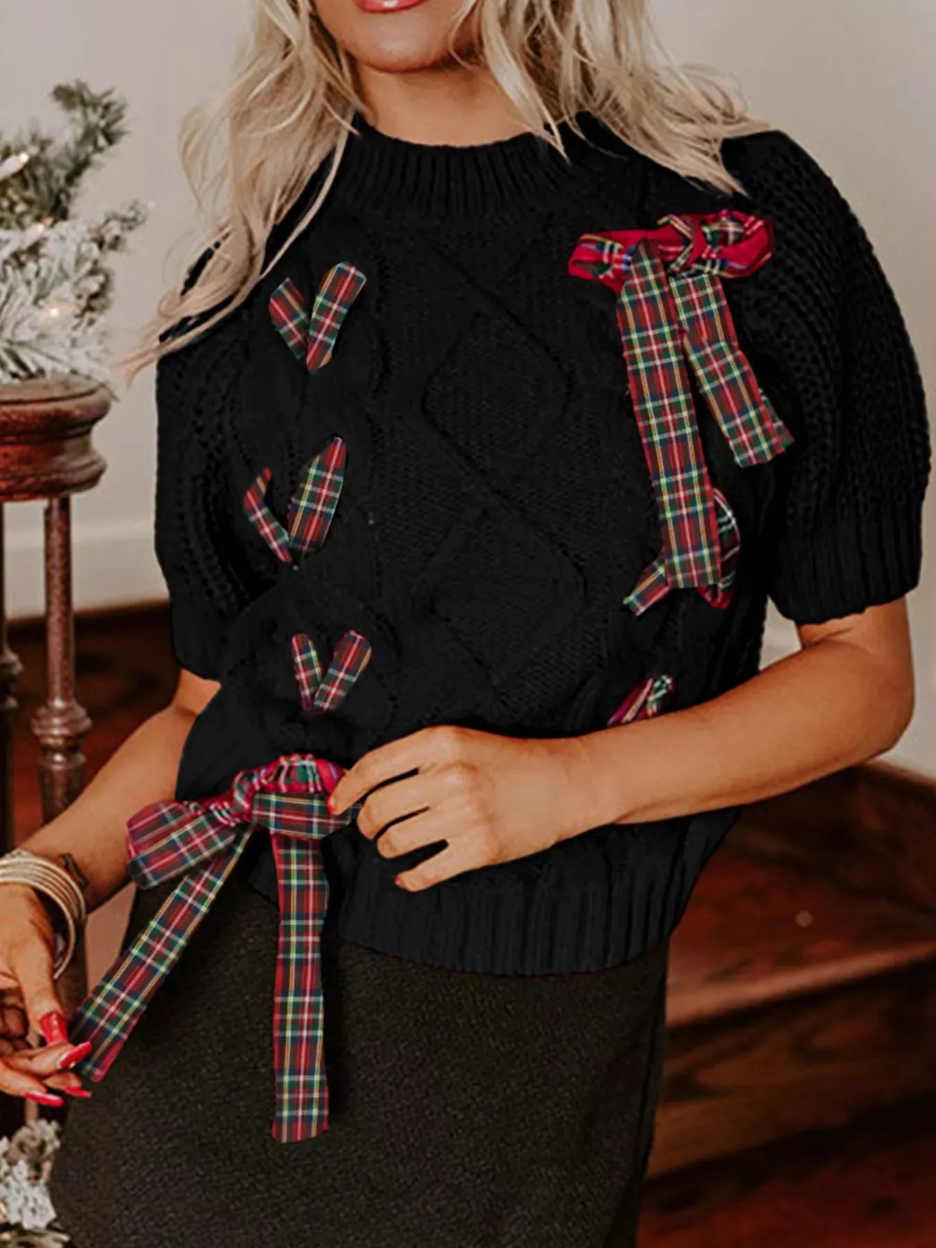 Plaid Bow Short Sleeve Sweater sold by Charming Charlie product image thumbnail 3