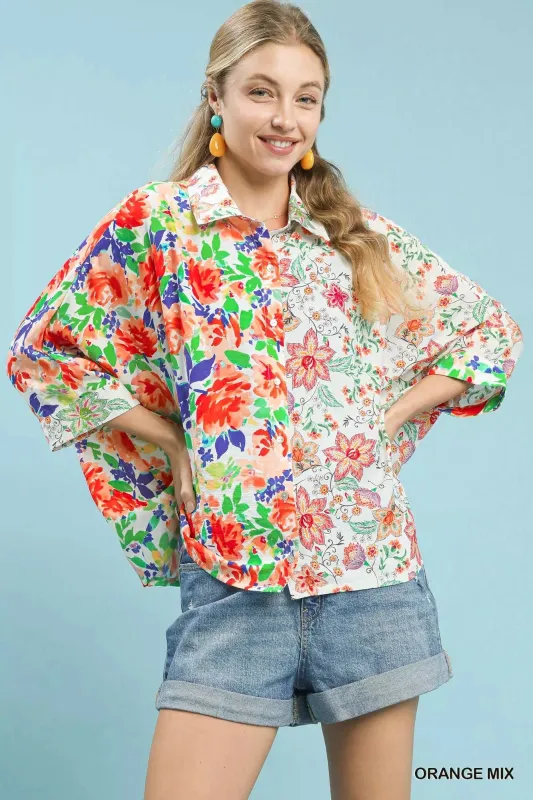 Umgee Mixed Floral Oversized Button Down Shirt sold by Charming Charlie