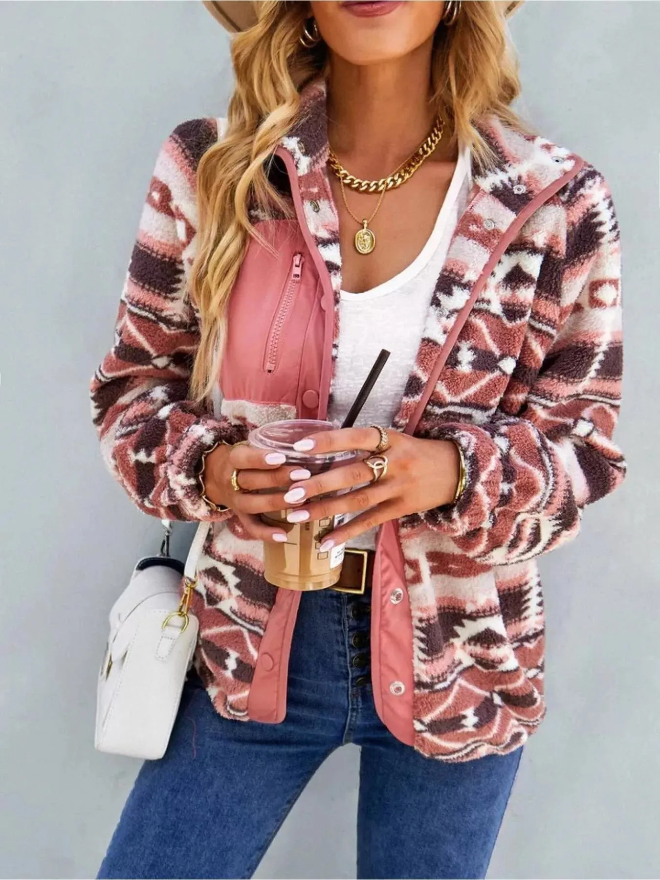 Aztec Print Fleece Snap Down Jacket sold by Charming Charlie product image thumbnail 3