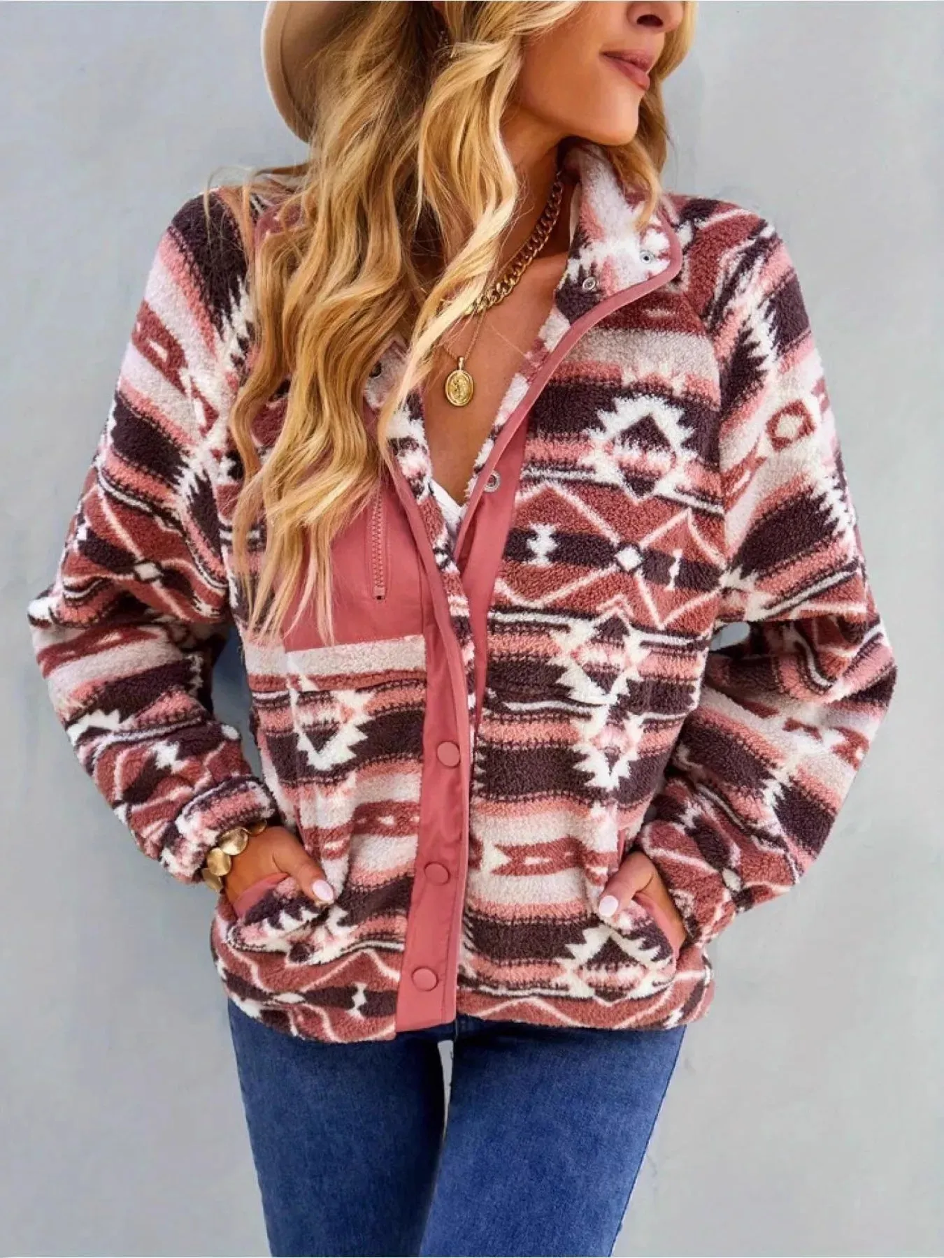 Aztec Print Fleece Snap Down Jacket sold by Charming Charlie product image thumbnail 4