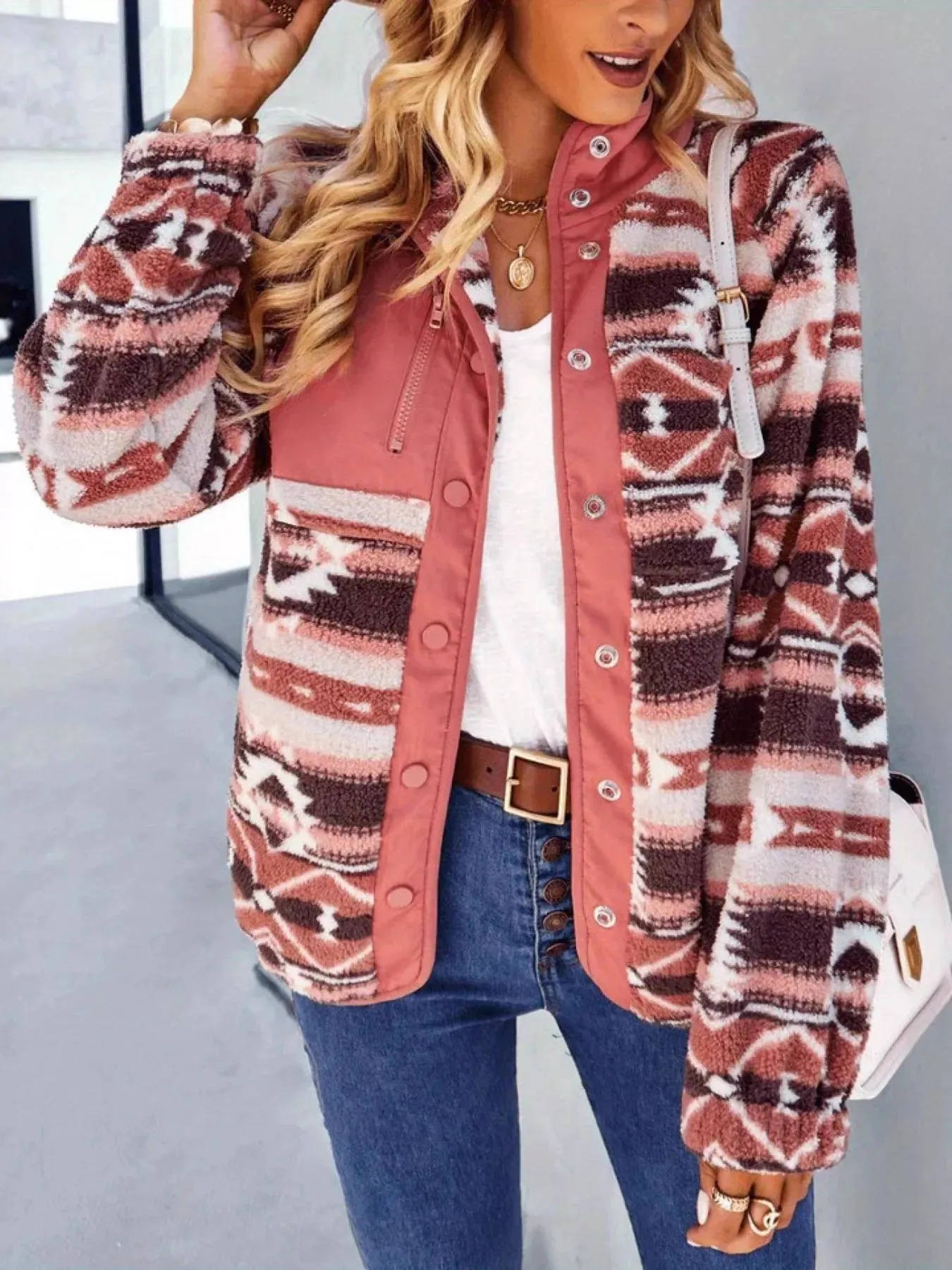 Aztec Print Fleece Snap Down Jacket sold by Charming Charlie