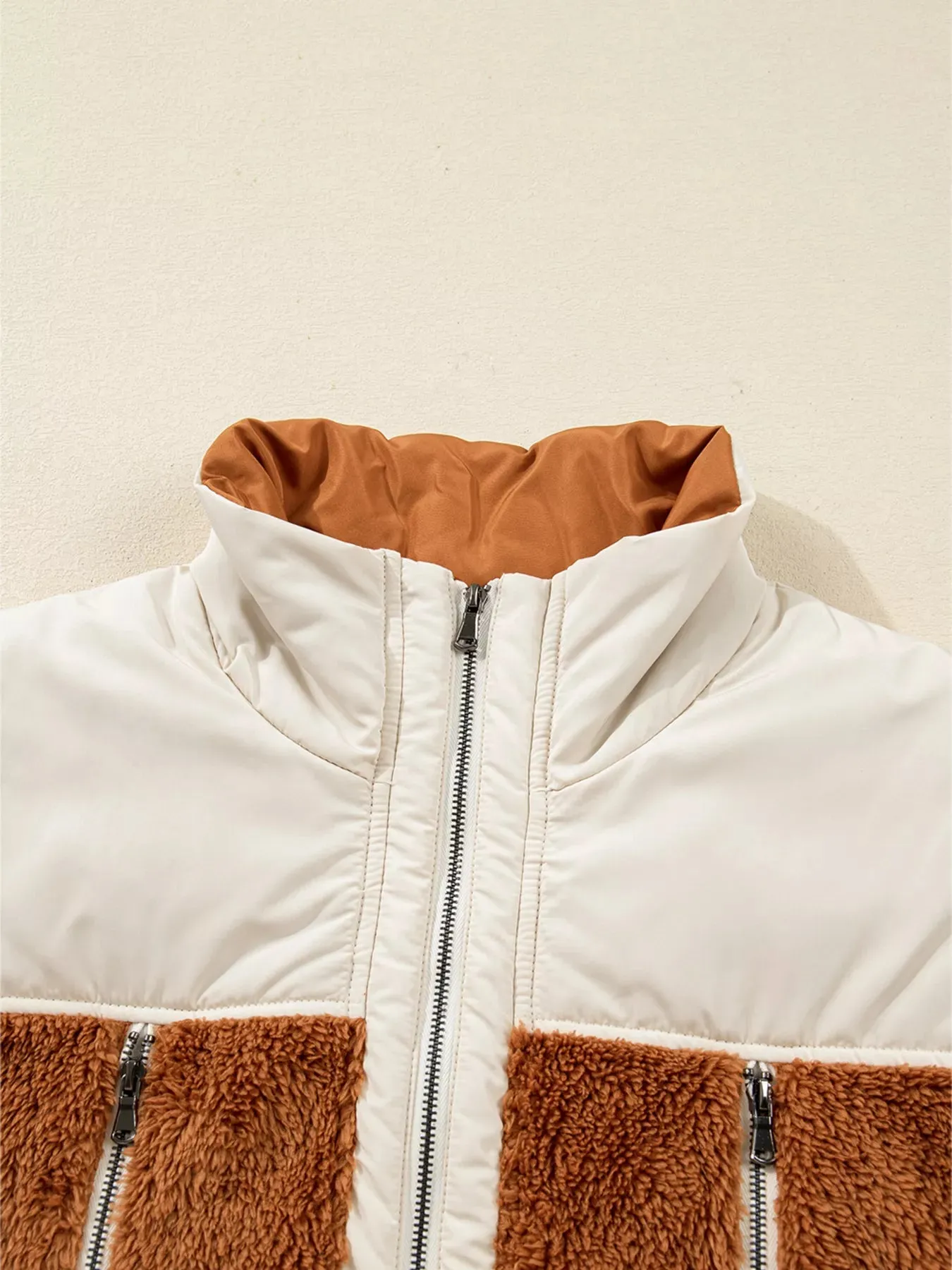 Color Block Plush Patchwork Zipper Stand Neck Vest Coat sold by Charming Charlie product image thumbnail 4