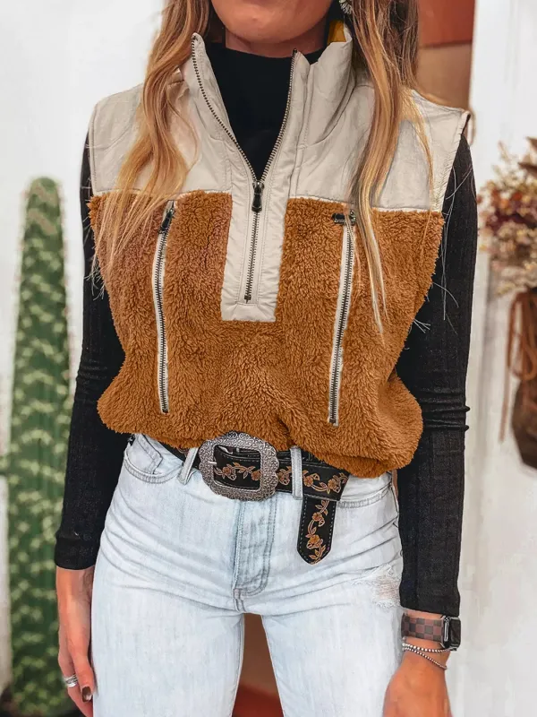 Color Block Plush Patchwork Zipper Stand Neck Vest Coat sold by Charming Charlie