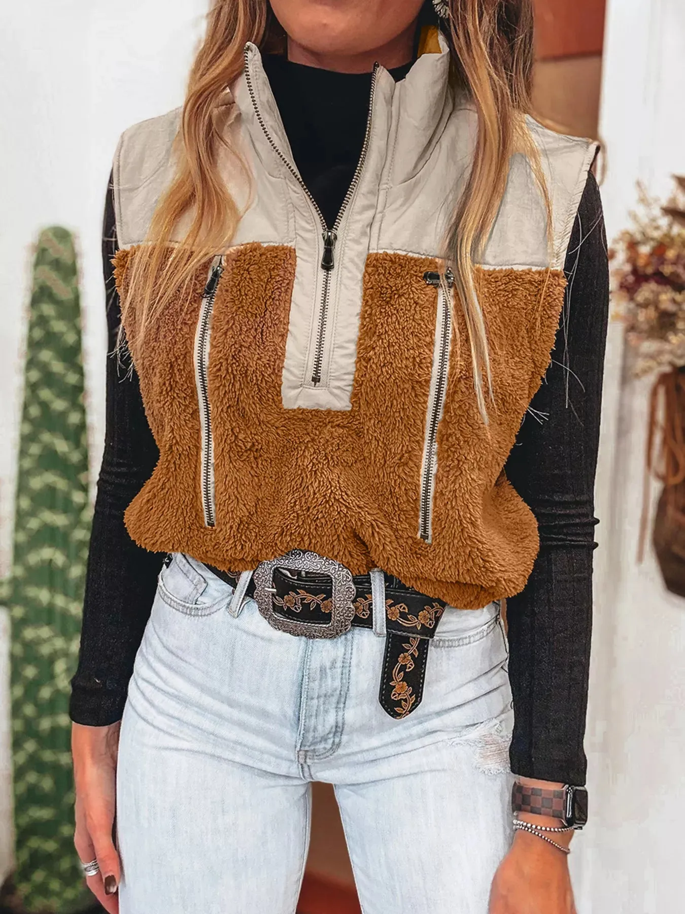 Color Block Plush Patchwork Zipper Stand Neck Vest Coat sold by Charming Charlie