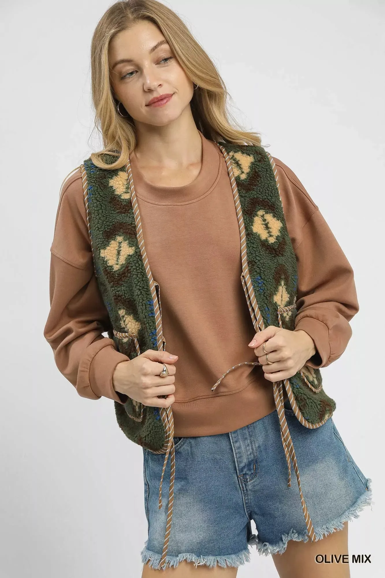 Umgee Mix Patterned Sherpa Tie-Front Vest sold by Charming Charlie product image thumbnail 2