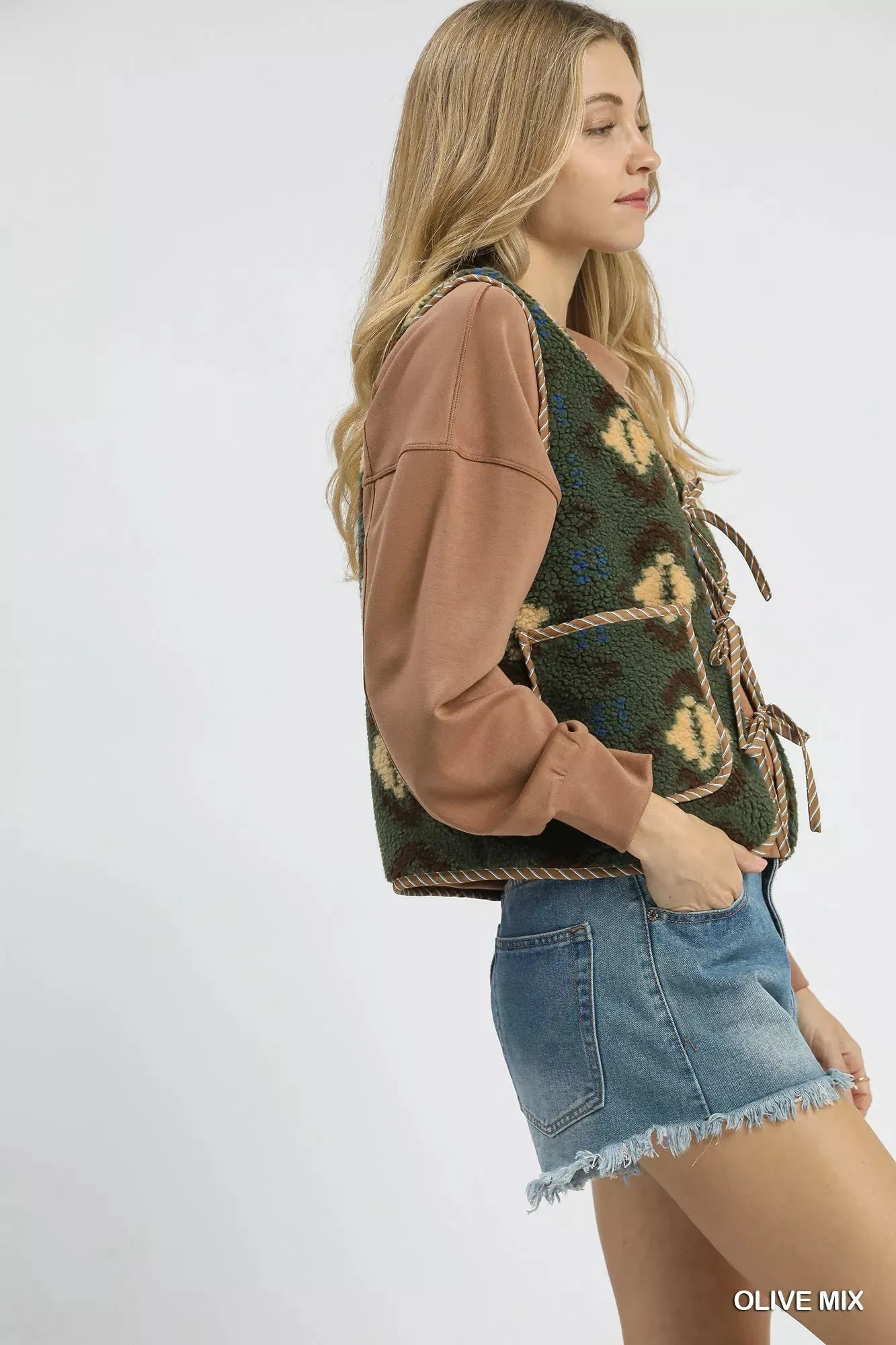 Umgee Mix Patterned Sherpa Tie-Front Vest sold by Charming Charlie product image thumbnail 3