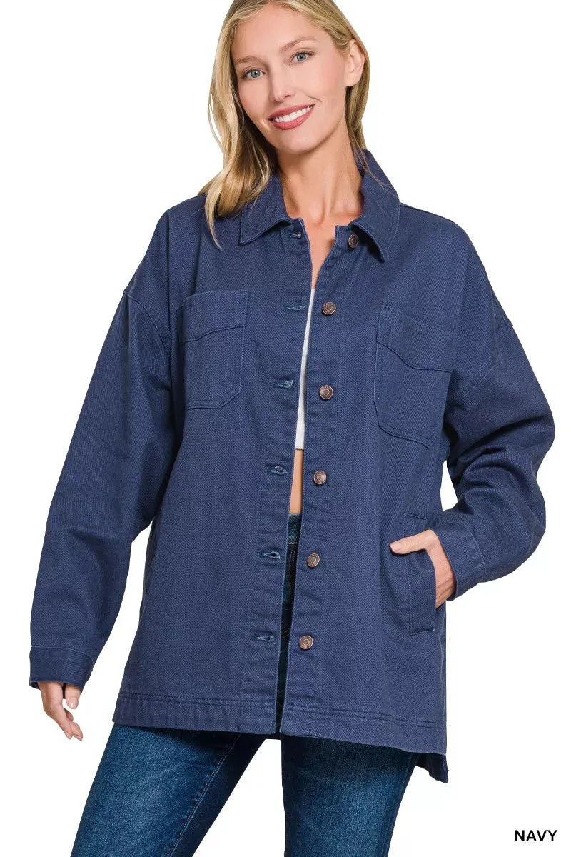 Zenana Oversized Collared Neck Button Front Shackets sold by Charming Charlie
