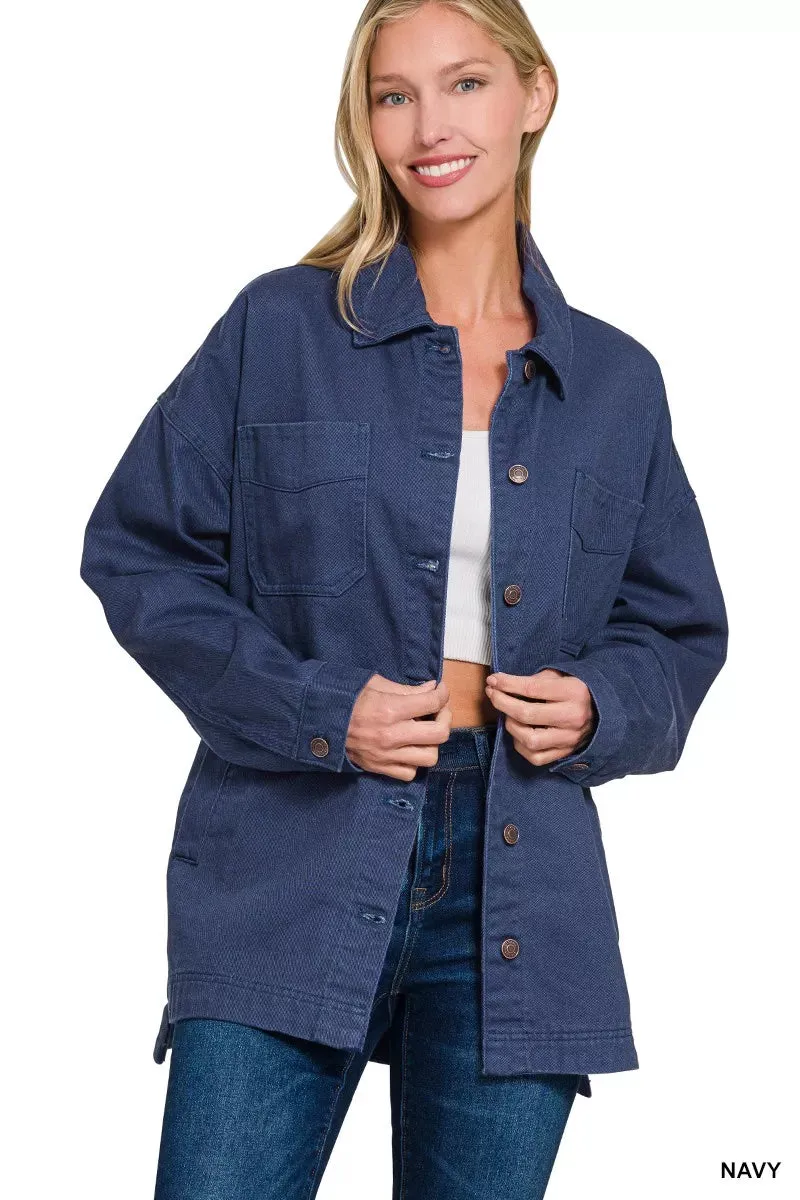 Zenana Oversized Collared Neck Button Front Shackets sold by Charming Charlie product image thumbnail 2