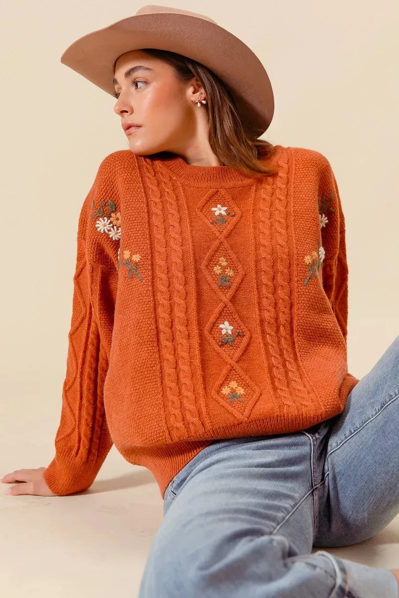 SO ME Embroidered Flower Cable Knitted Sweater sold by Charming Charlie product image thumbnail 3