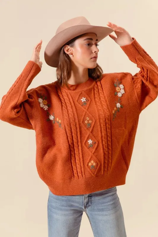 SO ME Embroidered Flower Cable Knitted Sweater sold by Charming Charlie