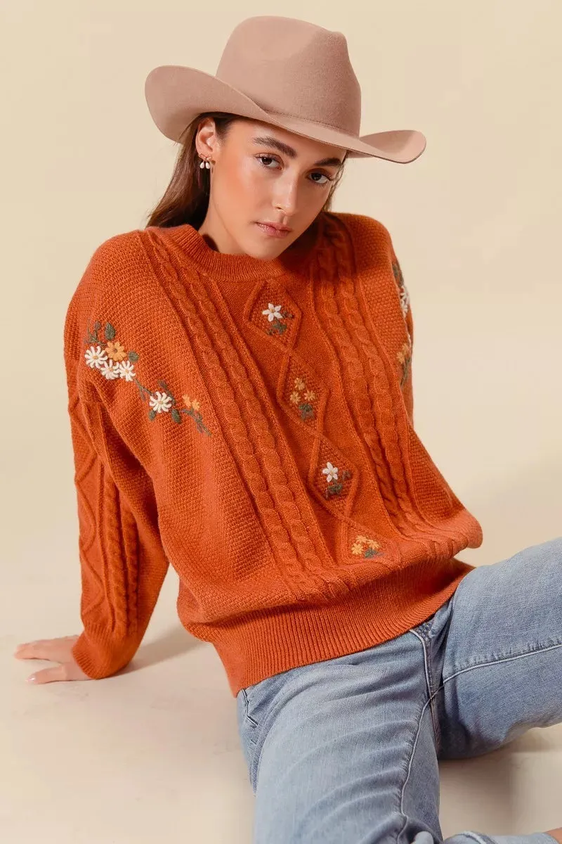 SO ME Embroidered Flower Cable Knitted Sweater sold by Charming Charlie product image thumbnail 2