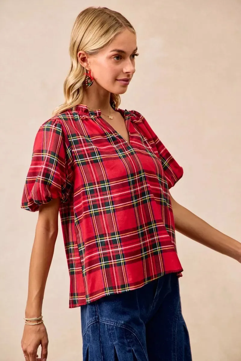 BiBi Christmas Plaid Short Sleeves Ruffled Blouse sold by Charming Charlie product image thumbnail 4