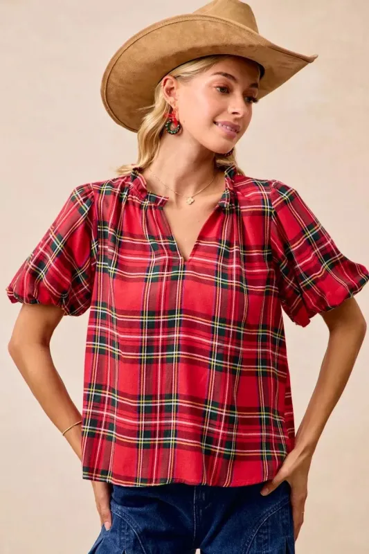 BiBi Christmas Plaid Short Sleeves Ruffled Blouse sold by Charming Charlie