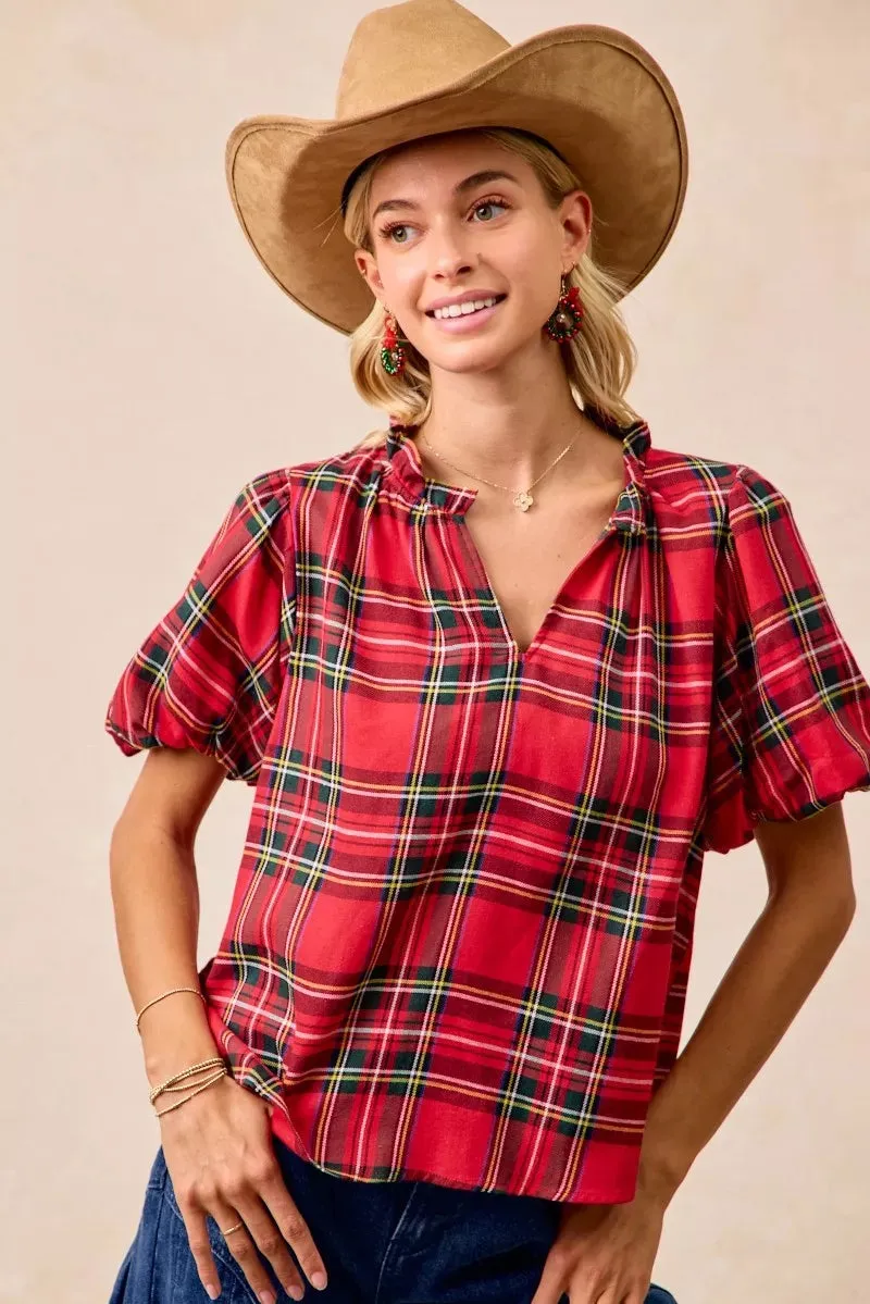 BiBi Christmas Plaid Short Sleeves Ruffled Blouse sold by Charming Charlie product image thumbnail 5
