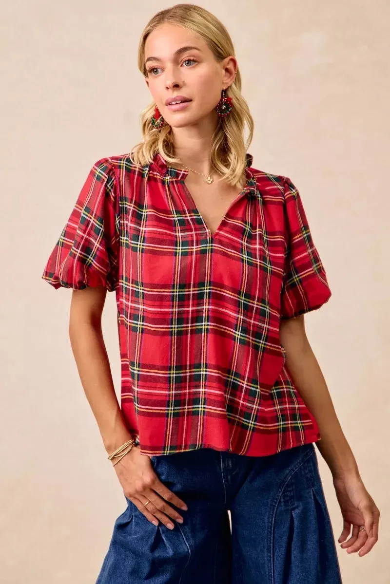 BiBi Christmas Plaid Short Sleeves Ruffled Blouse sold by Charming Charlie product image thumbnail 2