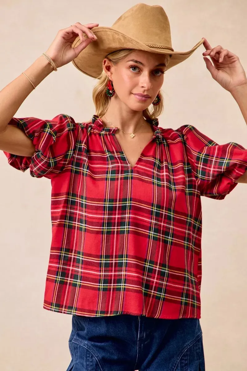 BiBi Christmas Plaid Short Sleeves Ruffled Blouse sold by Charming Charlie product image thumbnail 3