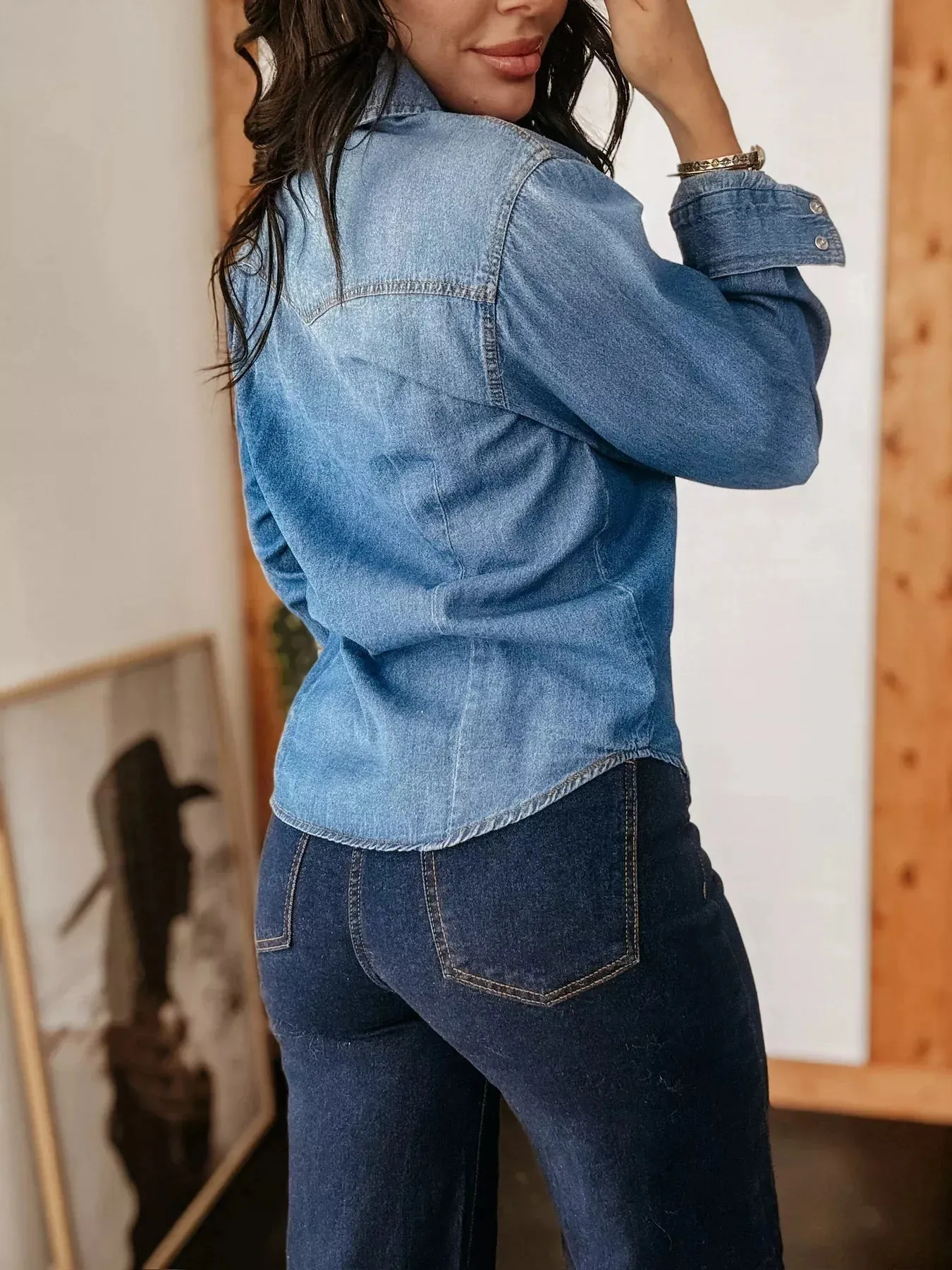 Washed Button Down Denim Shirt sold by Charming Charlie product image thumbnail 2