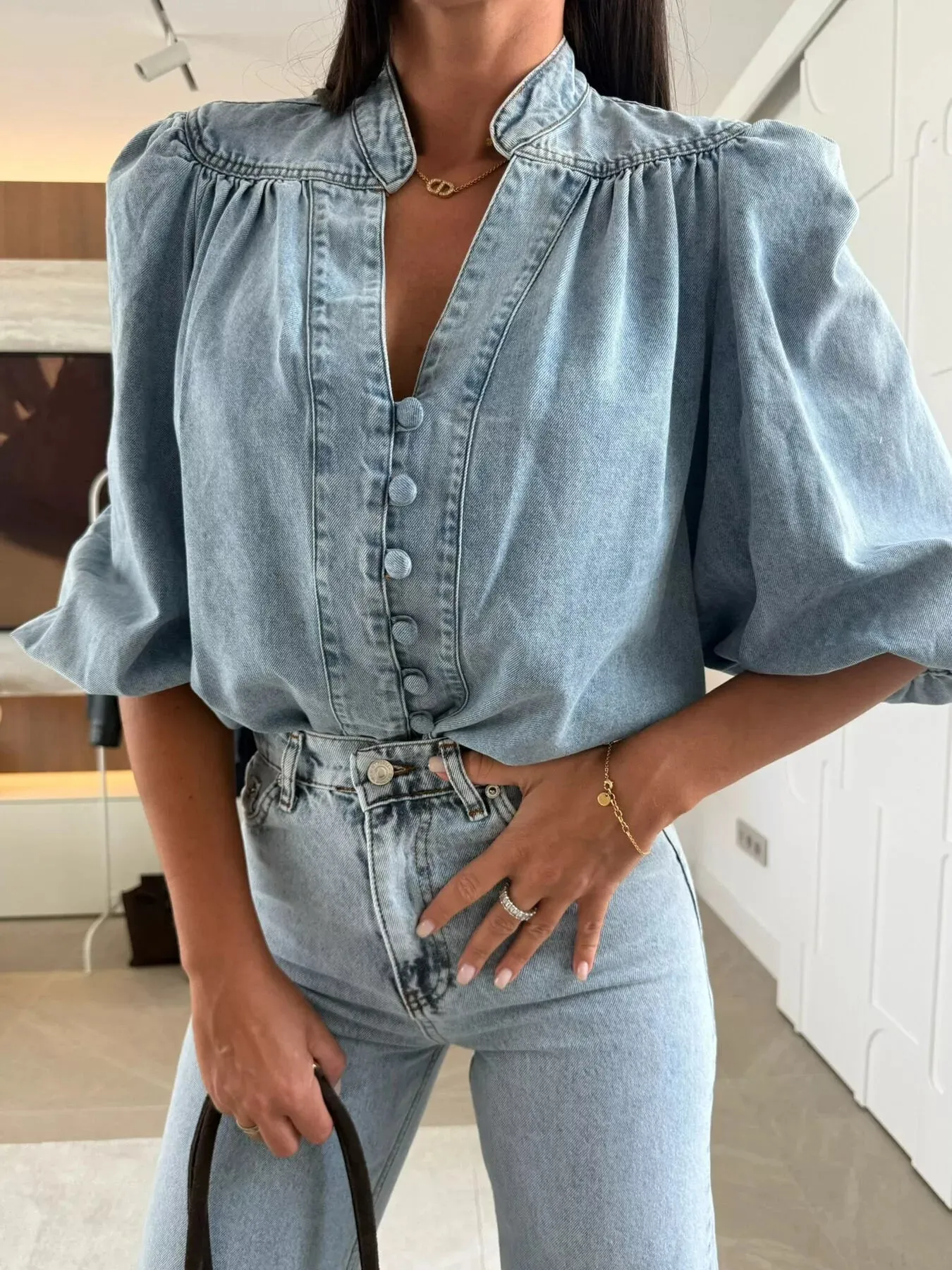 Button-Down Puff Sleeve Denim Top sold by Charming Charlie product image thumbnail 2