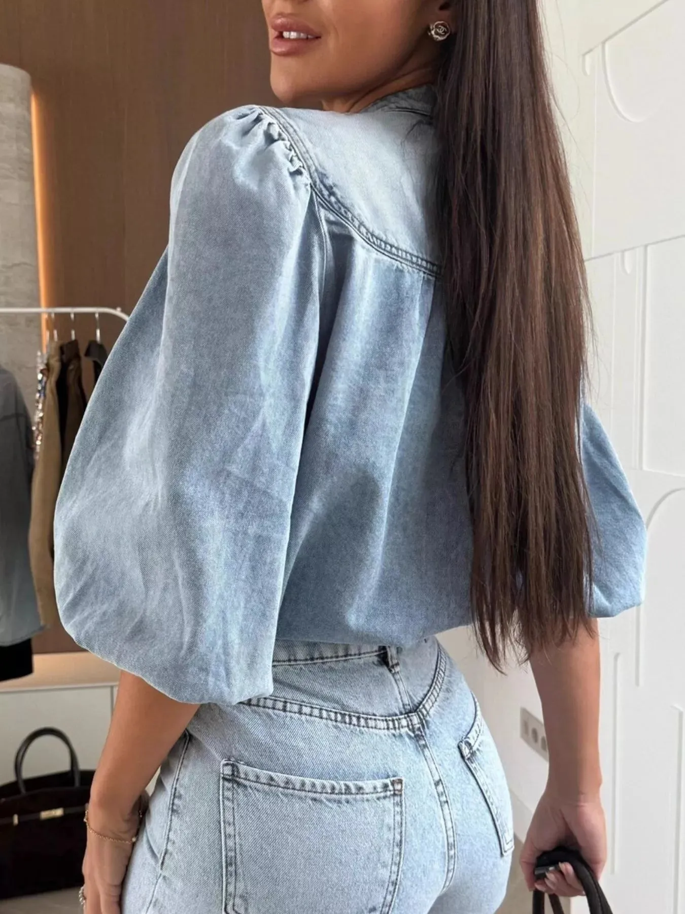 Button-Down Puff Sleeve Denim Top sold by Charming Charlie product image thumbnail 3
