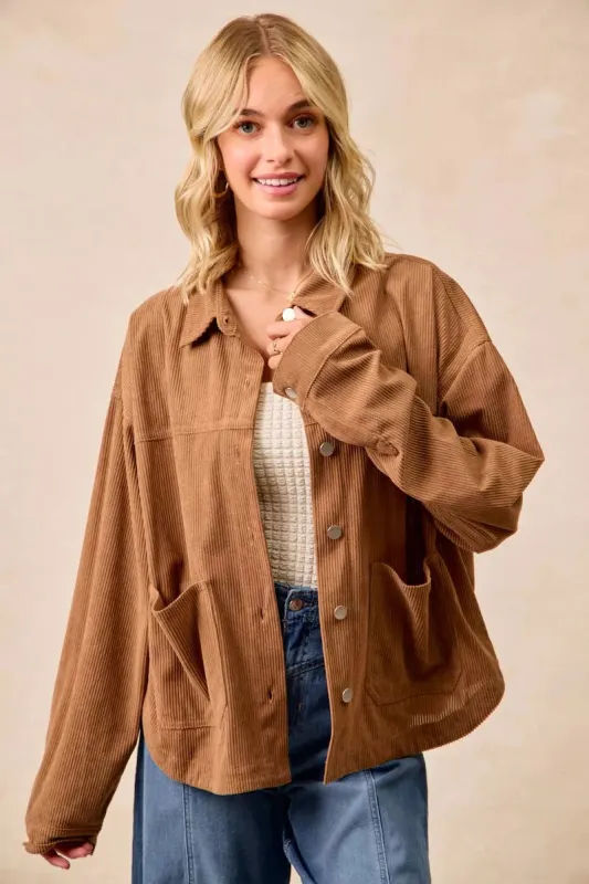 BiBi Corduroy Relaxed Fit Shacket with Back Pleat sold by Charming Charlie