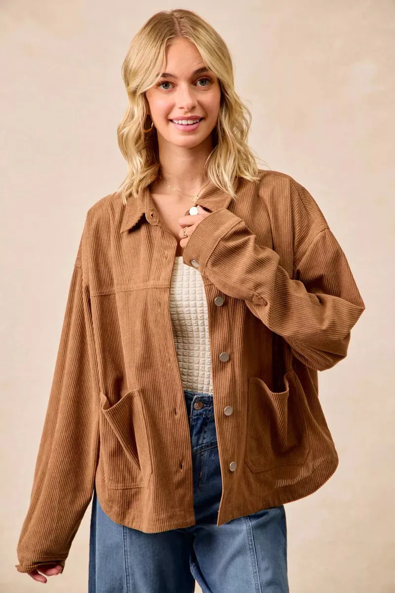 BiBi Corduroy Relaxed Fit Shacket with Back Pleat sold by Charming Charlie