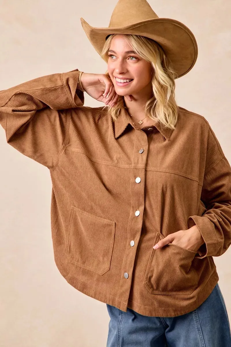 BiBi Corduroy Relaxed Fit Shacket with Back Pleat sold by Charming Charlie product image thumbnail 3