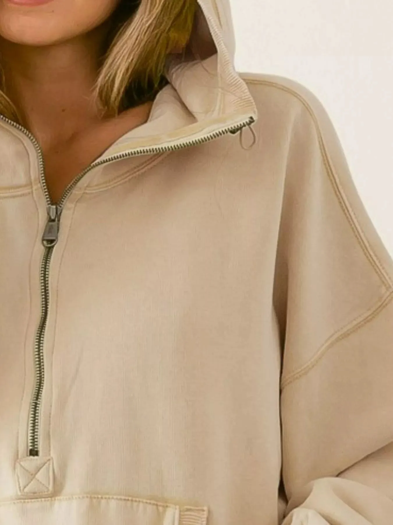 BiBi Stitch Detailed Elastic Hem Half Zip Fleece Hoodie sold by Charming Charlie product image thumbnail 3