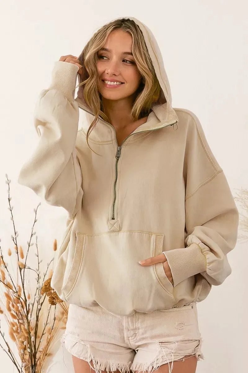 BiBi Stitch Detailed Elastic Hem Half Zip Fleece Hoodie sold by Charming Charlie