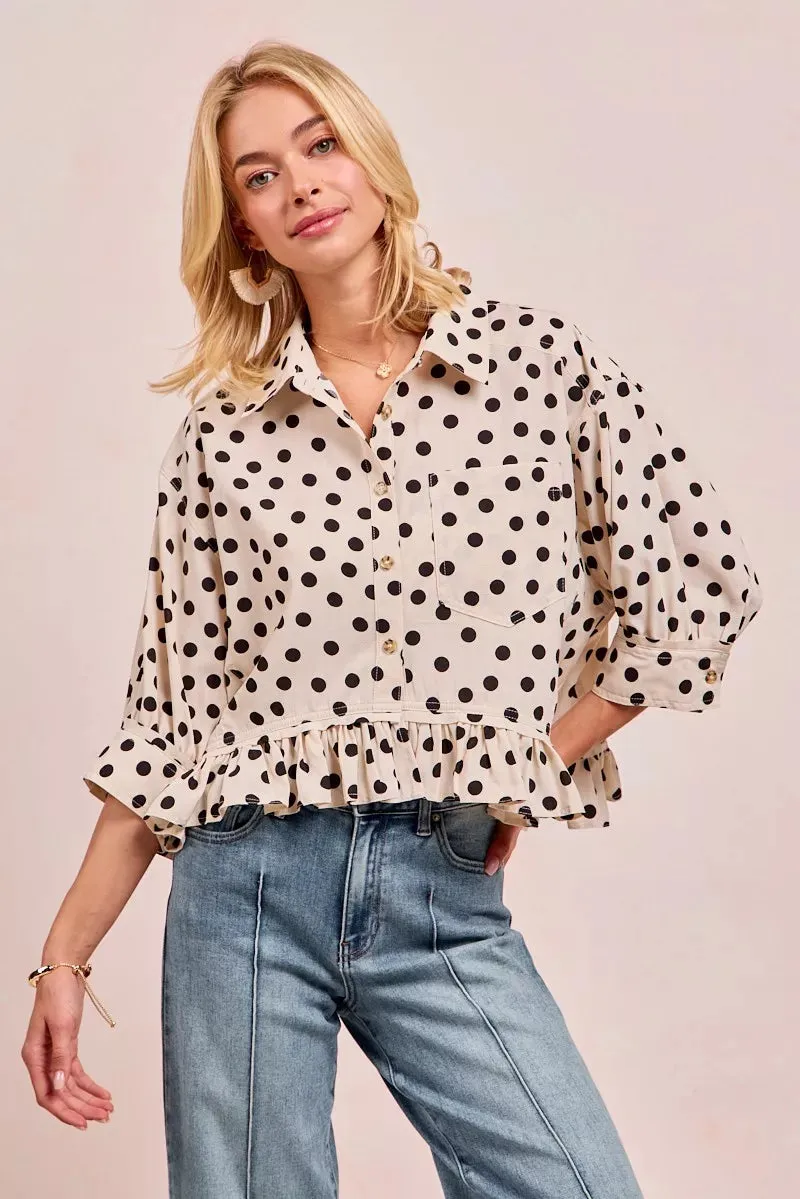 BiBi Polka Dot Printed Peplum Top with Front Button sold by Charming Charlie