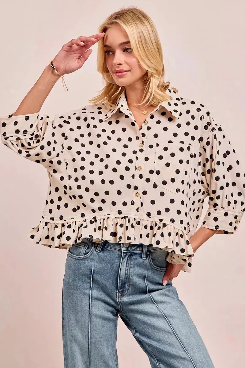 BiBi Polka Dot Printed Peplum Top with Front Button sold by Charming Charlie product image thumbnail 2