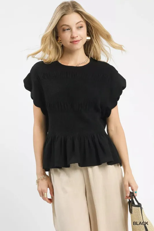 Umgee Linen Blend Smocked Peplum Blouse sold by Charming Charlie