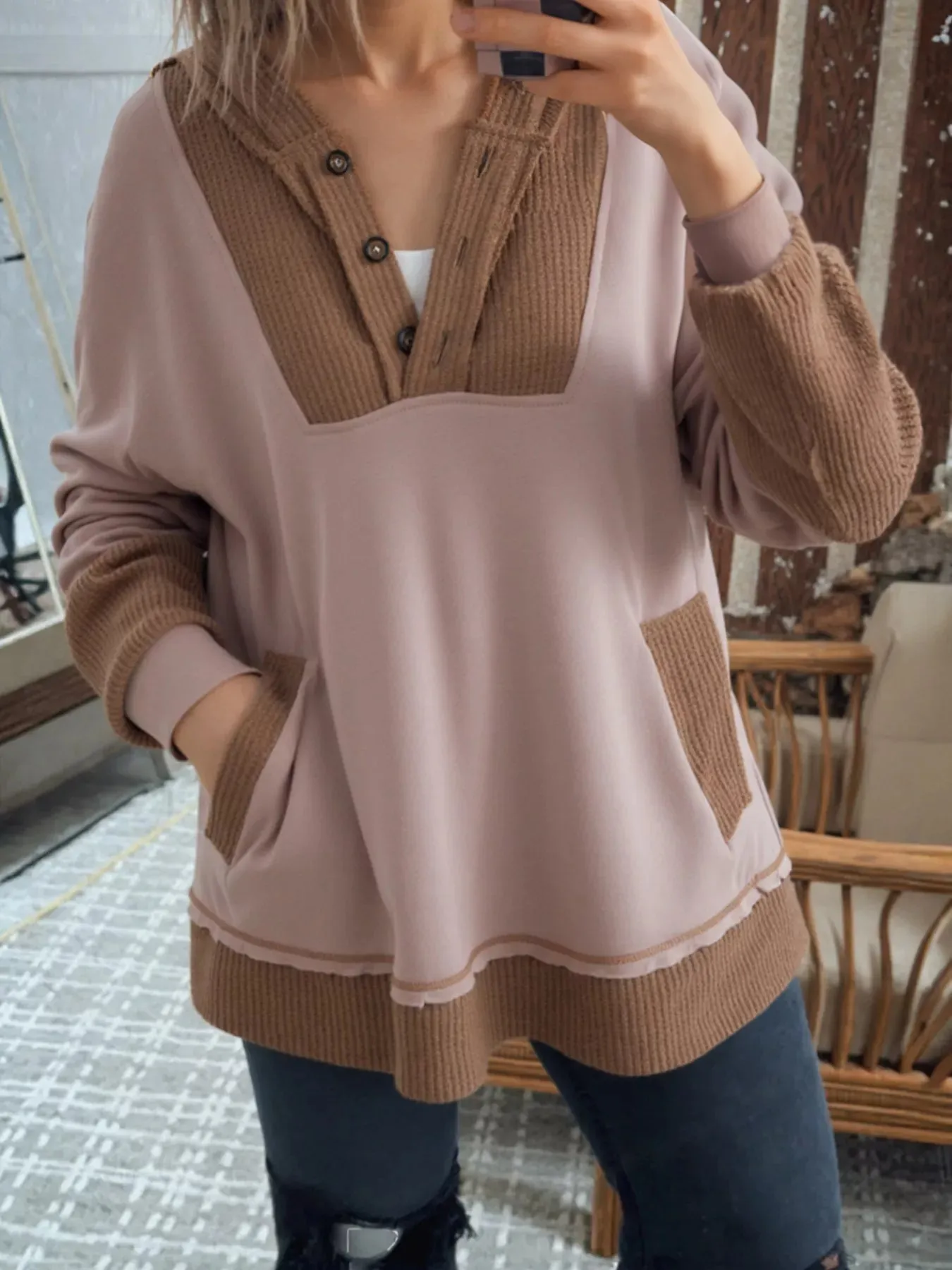 Oversize Waffle Patchwork Exposed Seam Casual Hoodie sold by Charming Charlie