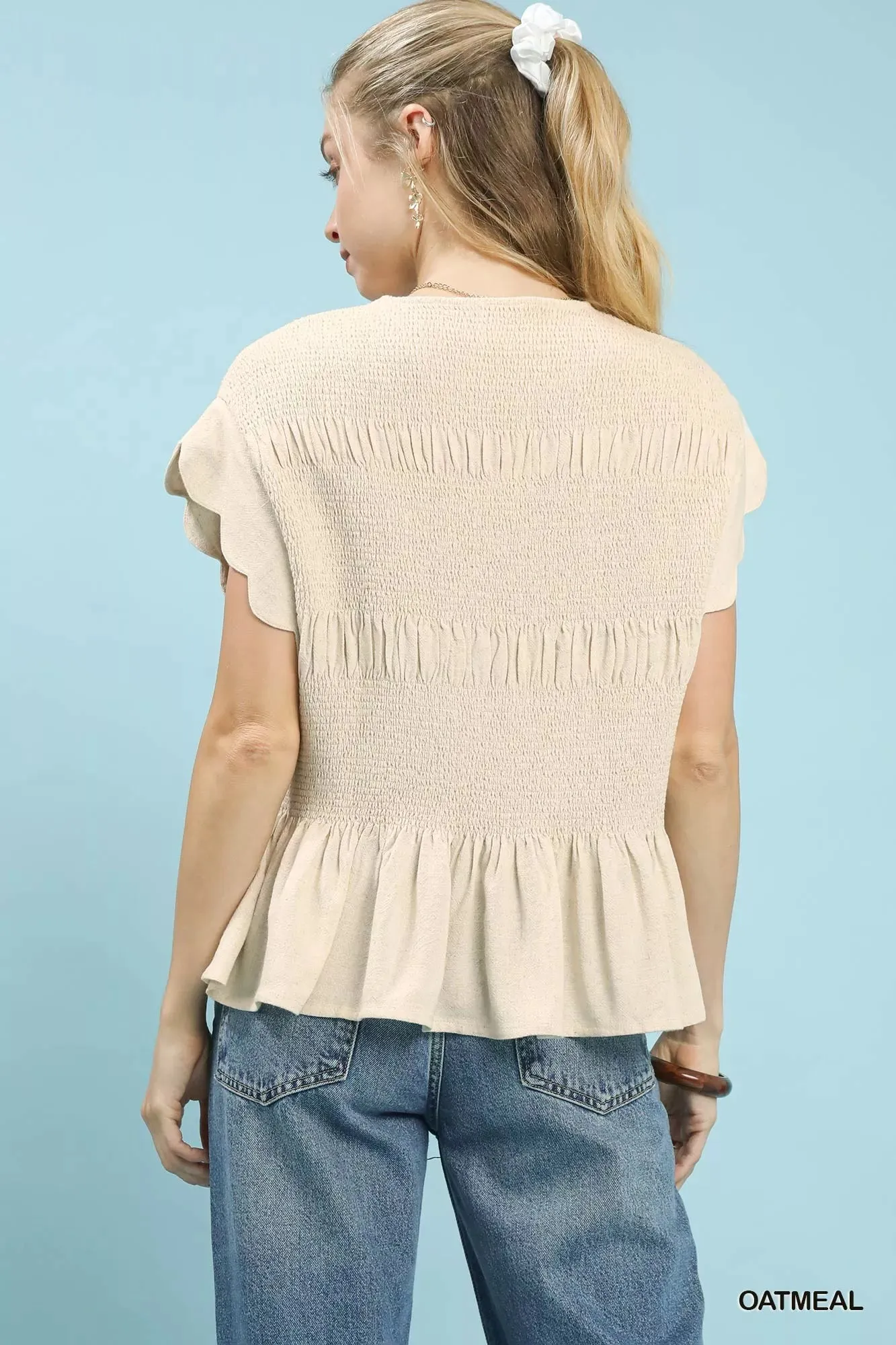 Umgee Linen Blend Smocked Peplum Blouse sold by Charming Charlie product image thumbnail 3