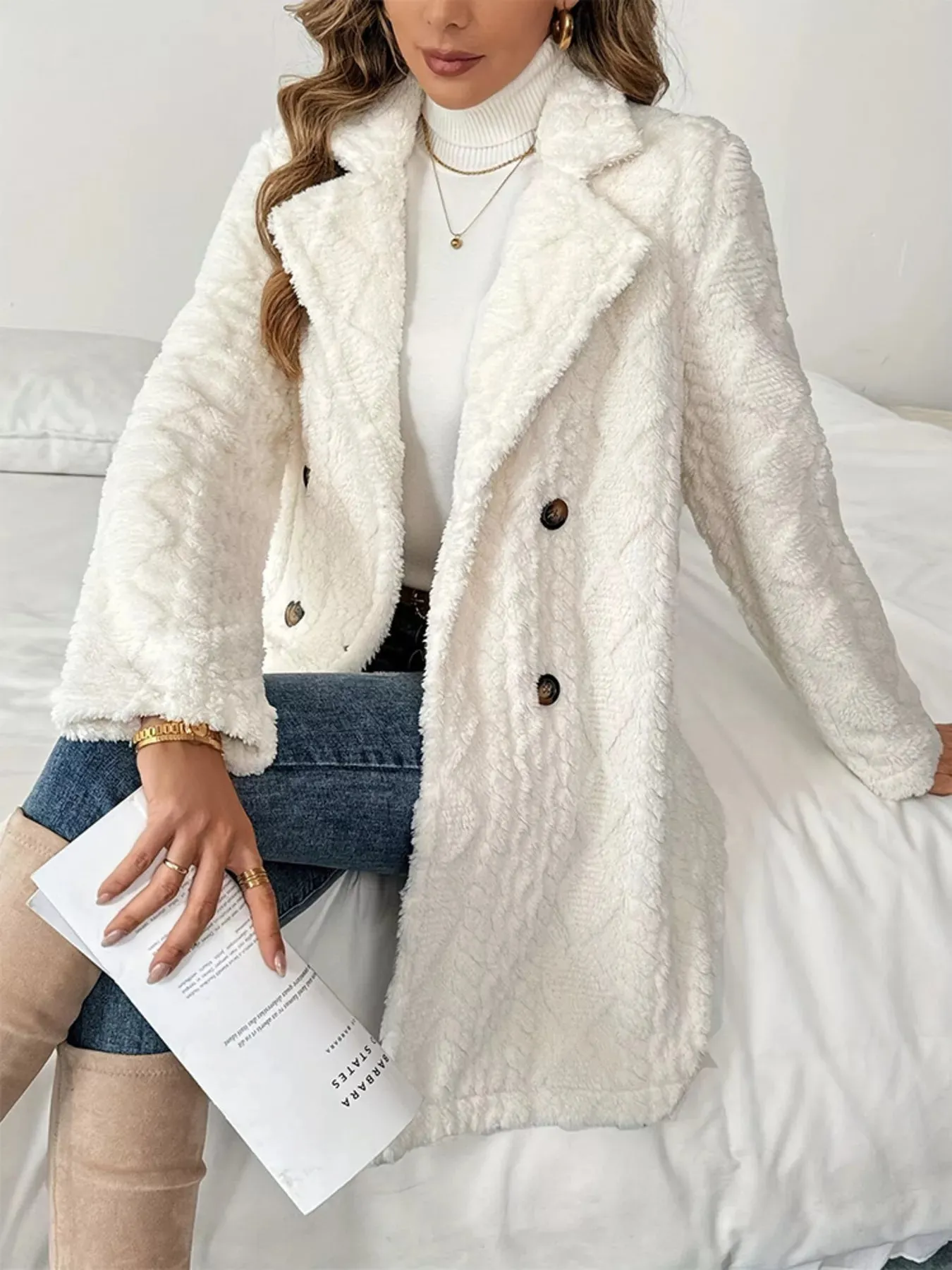 Fleece Double-Breasted Longline Coat sold by Charming Charlie product image thumbnail 5