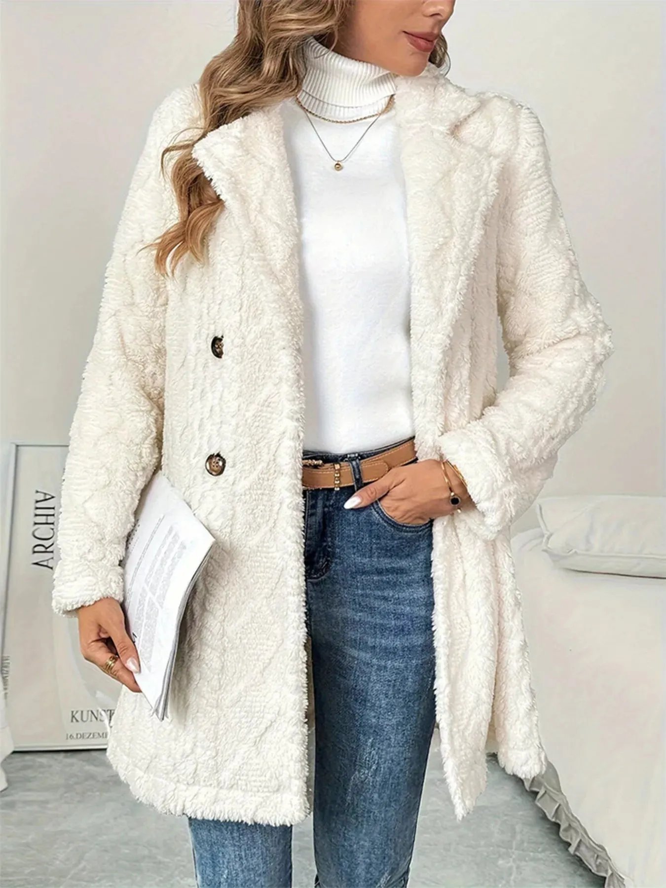 Fleece Double-Breasted Longline Coat sold by Charming Charlie product image thumbnail 4