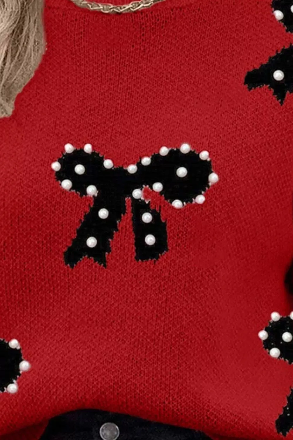 Round Neck Bow Pattern Pearl-Embellished Sweater sold by Charming Charlie product image thumbnail 3