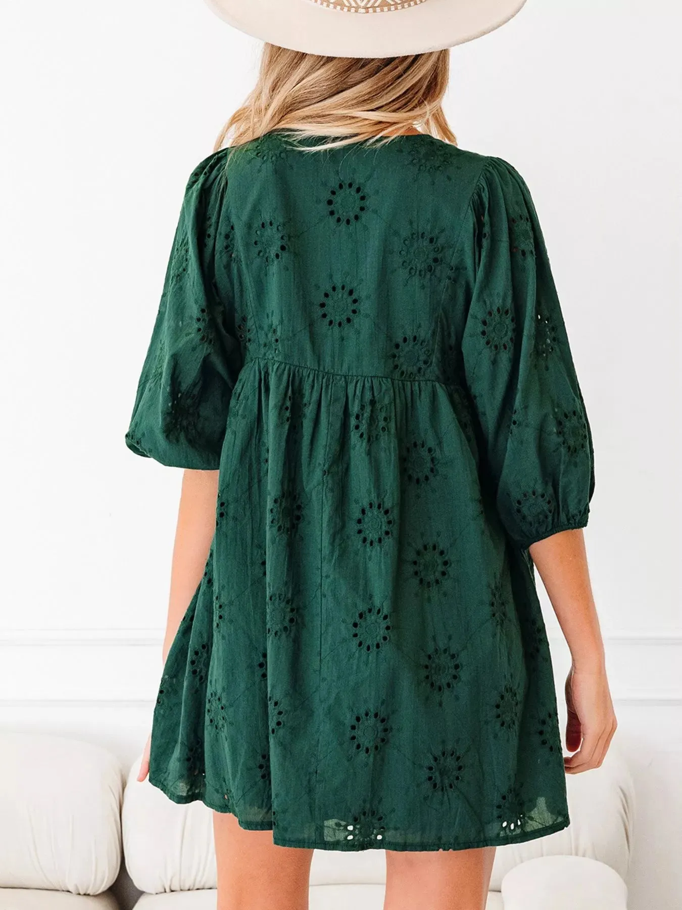 Embroidered Eyelet Pattern 3/4 Puffy Sleeve Swing Mini Dress sold by Charming Charlie product image thumbnail 2