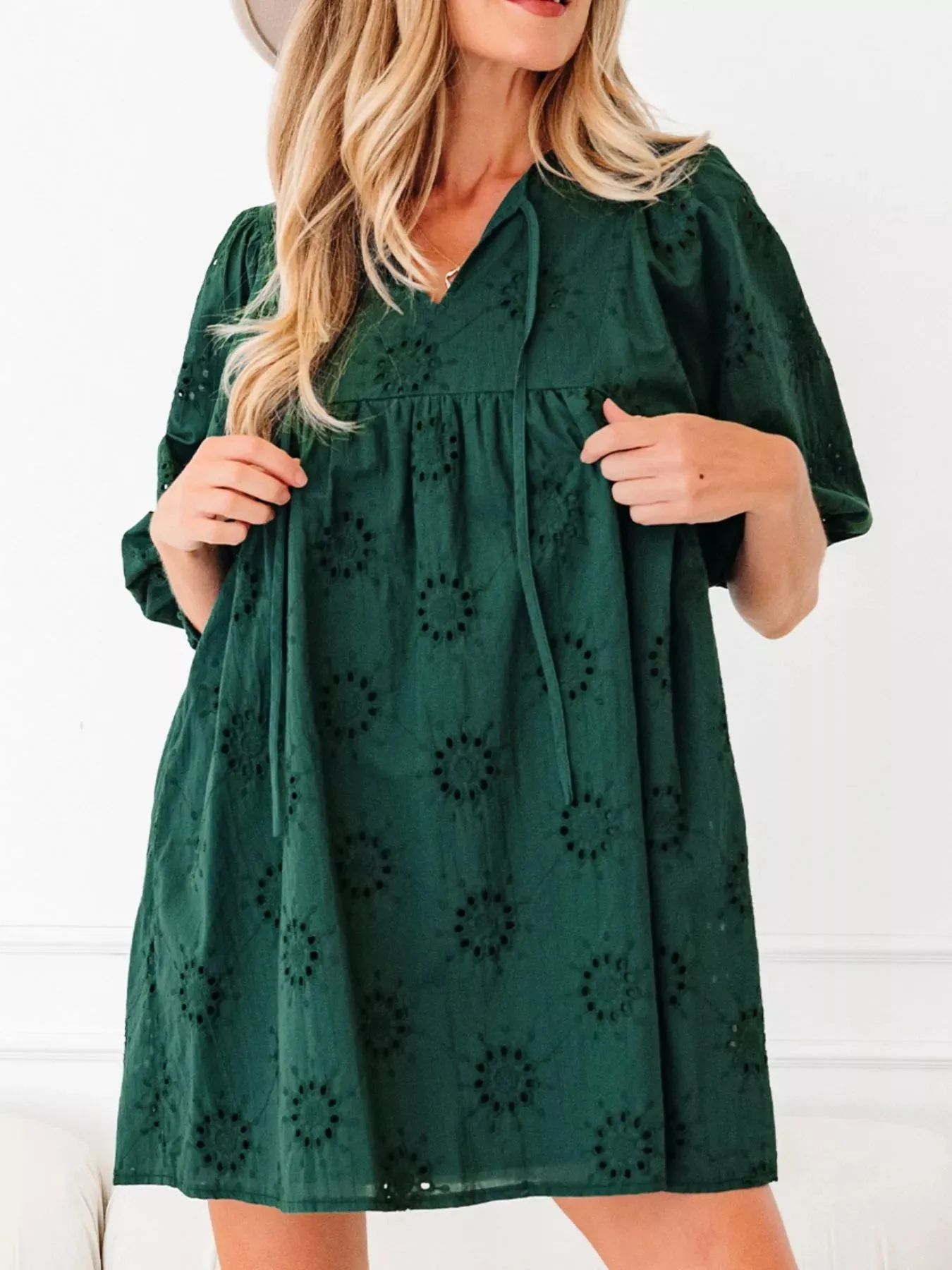 Embroidered Eyelet Pattern 3/4 Puffy Sleeve Swing Mini Dress sold by Charming Charlie product image thumbnail 3