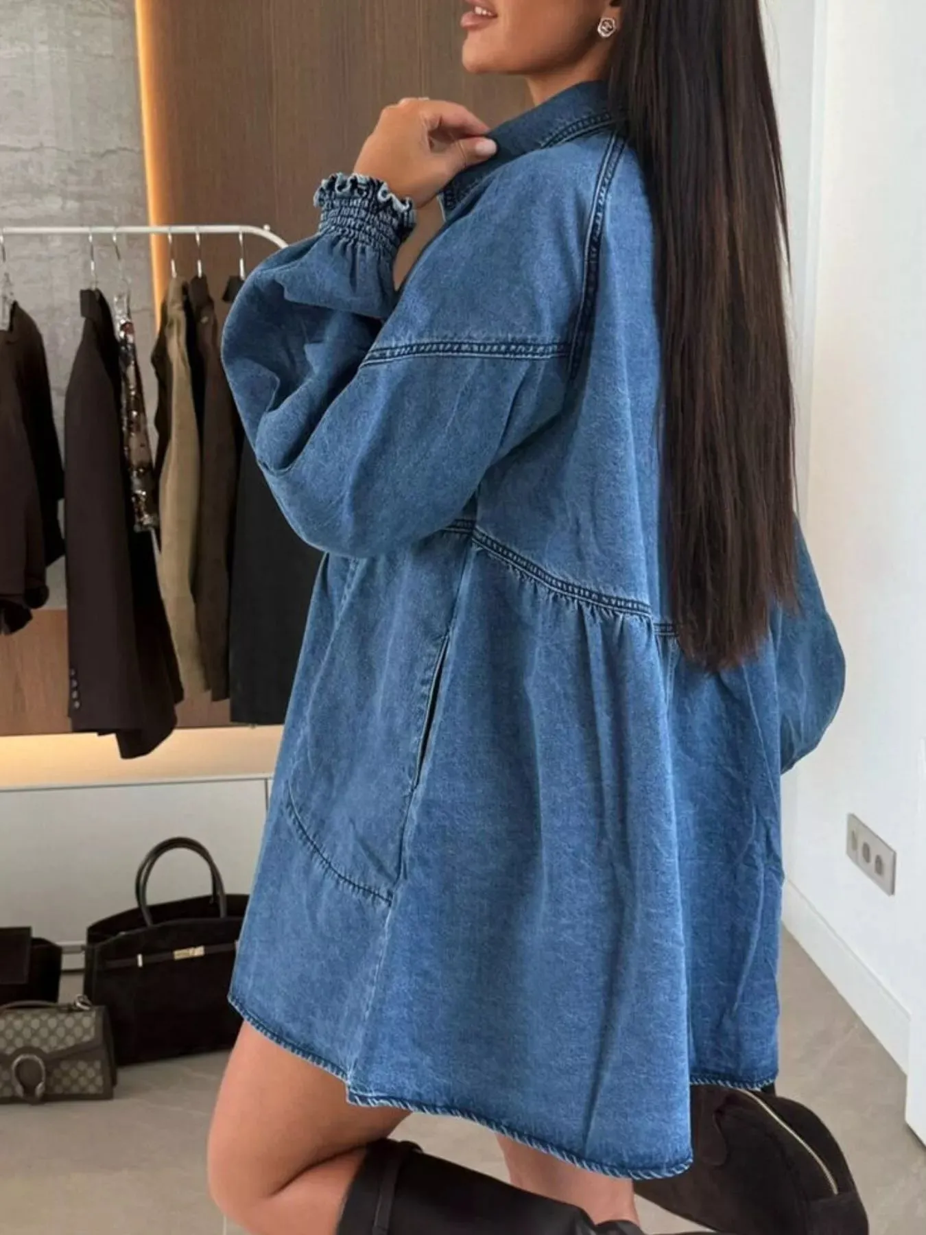 Button Down Mini Denim Dress with Front Pockets sold by Charming Charlie product image thumbnail 3