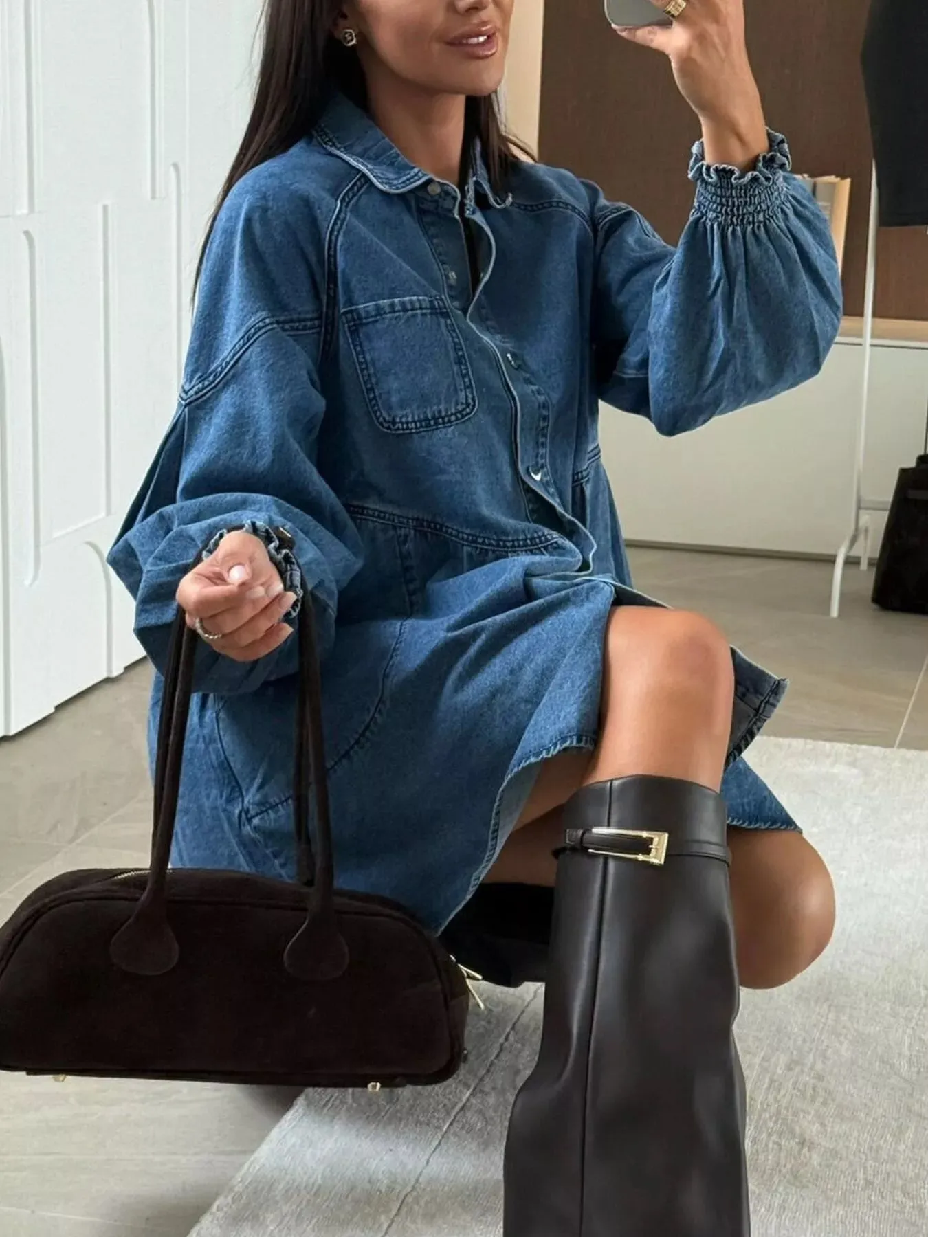 Button Down Mini Denim Dress with Front Pockets sold by Charming Charlie product image thumbnail 4