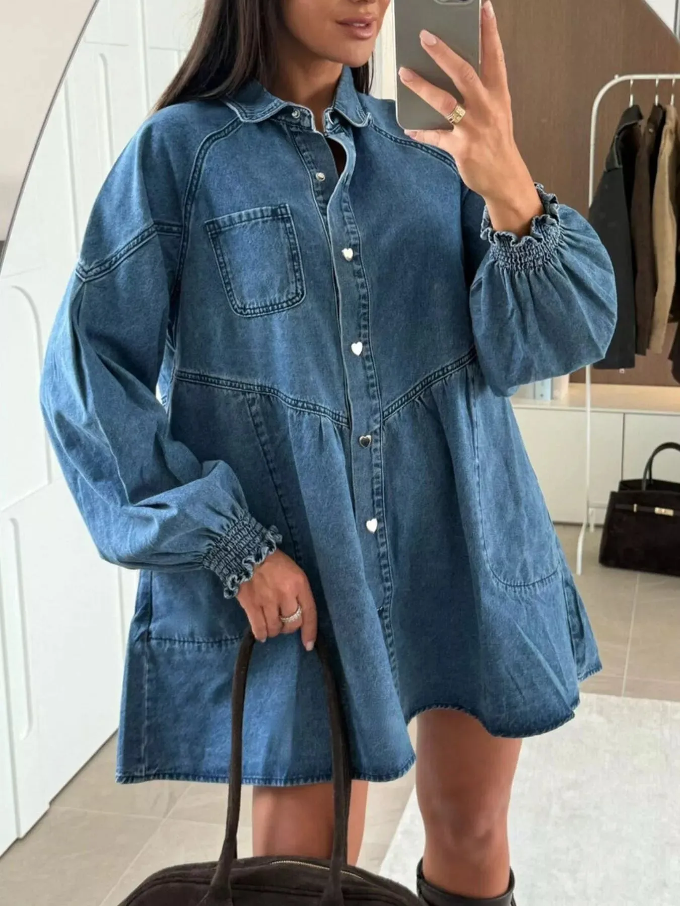 Button Down Mini Denim Dress with Front Pockets sold by Charming Charlie product image thumbnail 5