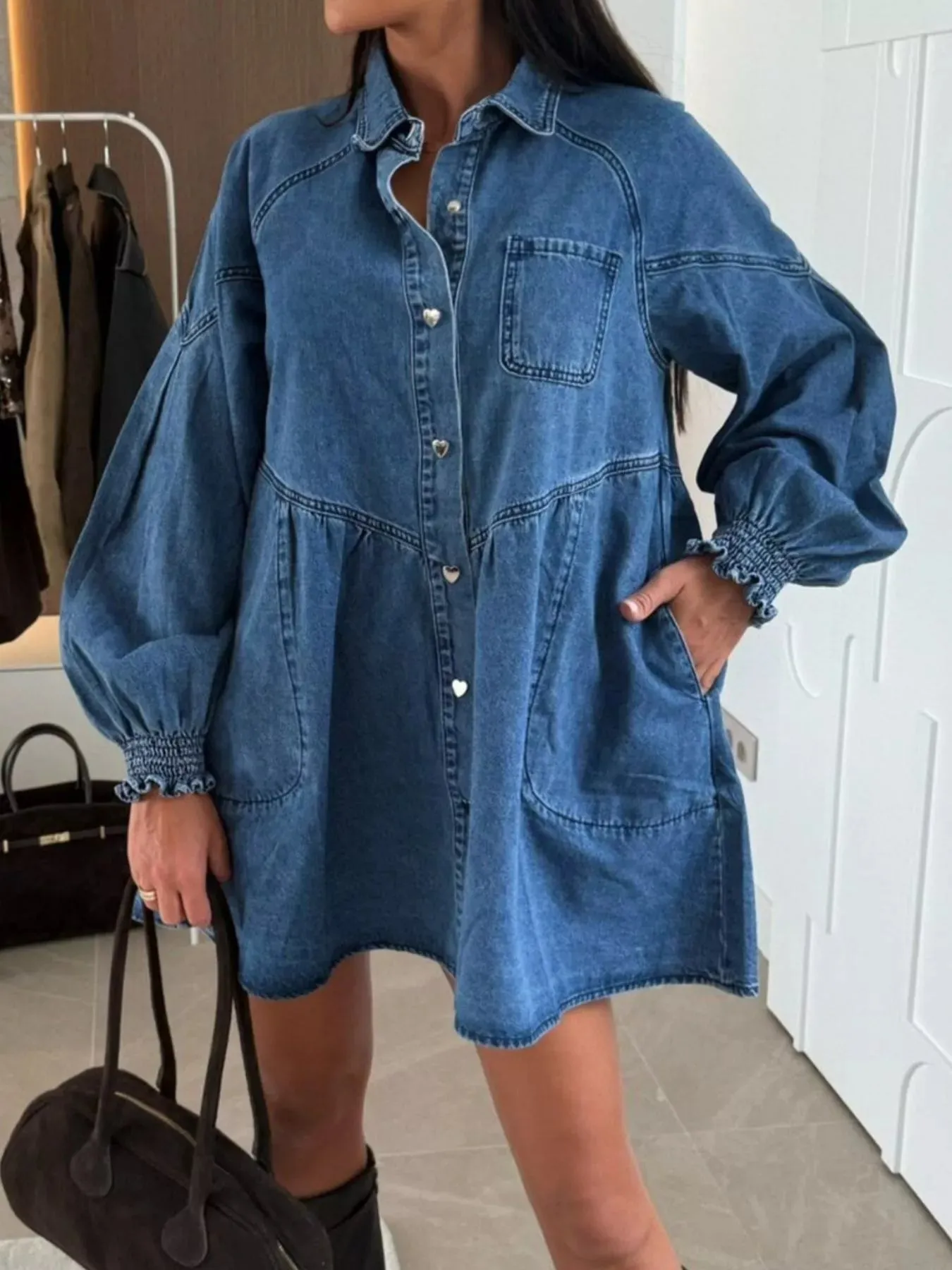 Button Down Mini Denim Dress with Front Pockets sold by Charming Charlie product image thumbnail 2