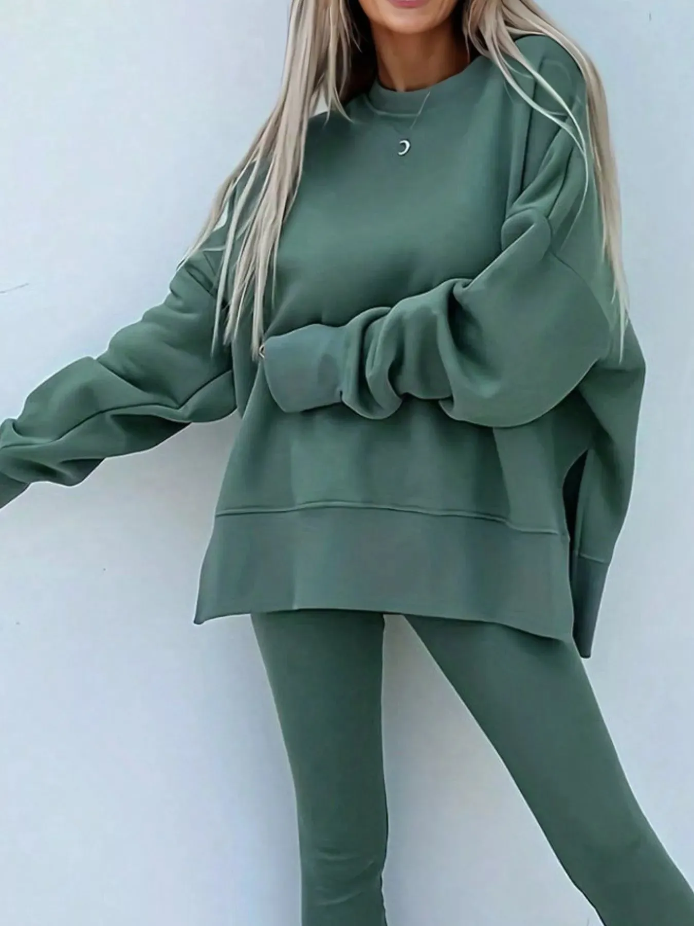 Solid Color Oversize Slit Sweatshirt and Ribbed Leggings 2pcs Set sold by Charming Charlie product image thumbnail 3