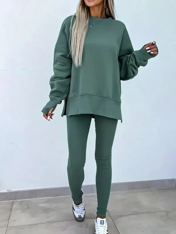 Solid Color Oversize Slit Sweatshirt and Ribbed Leggings 2pcs Set sold by Charming Charlie