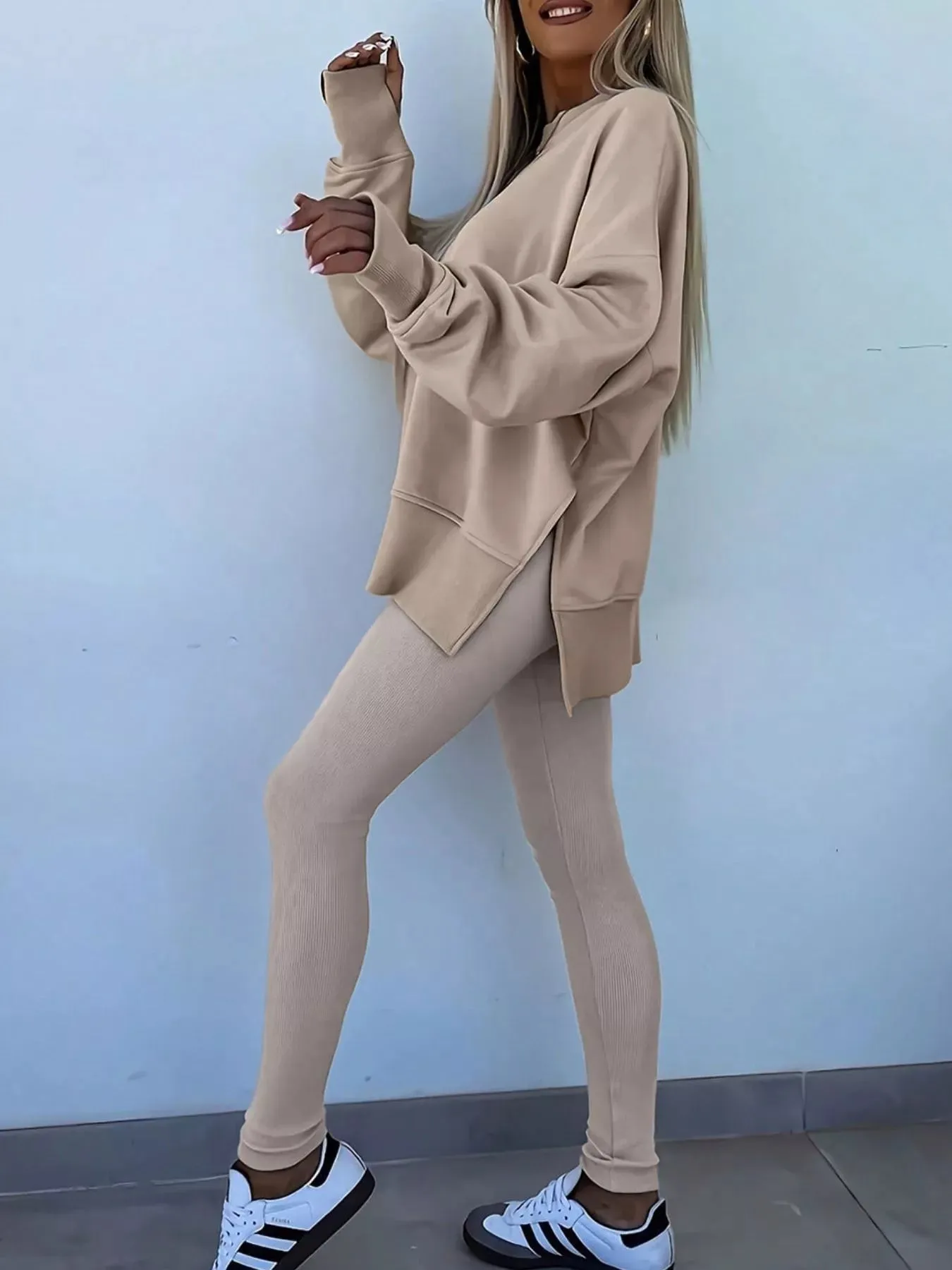 Solid Color Oversize Slit Sweatshirt and Ribbed Leggings 2pcs Set sold by Charming Charlie product image thumbnail 5
