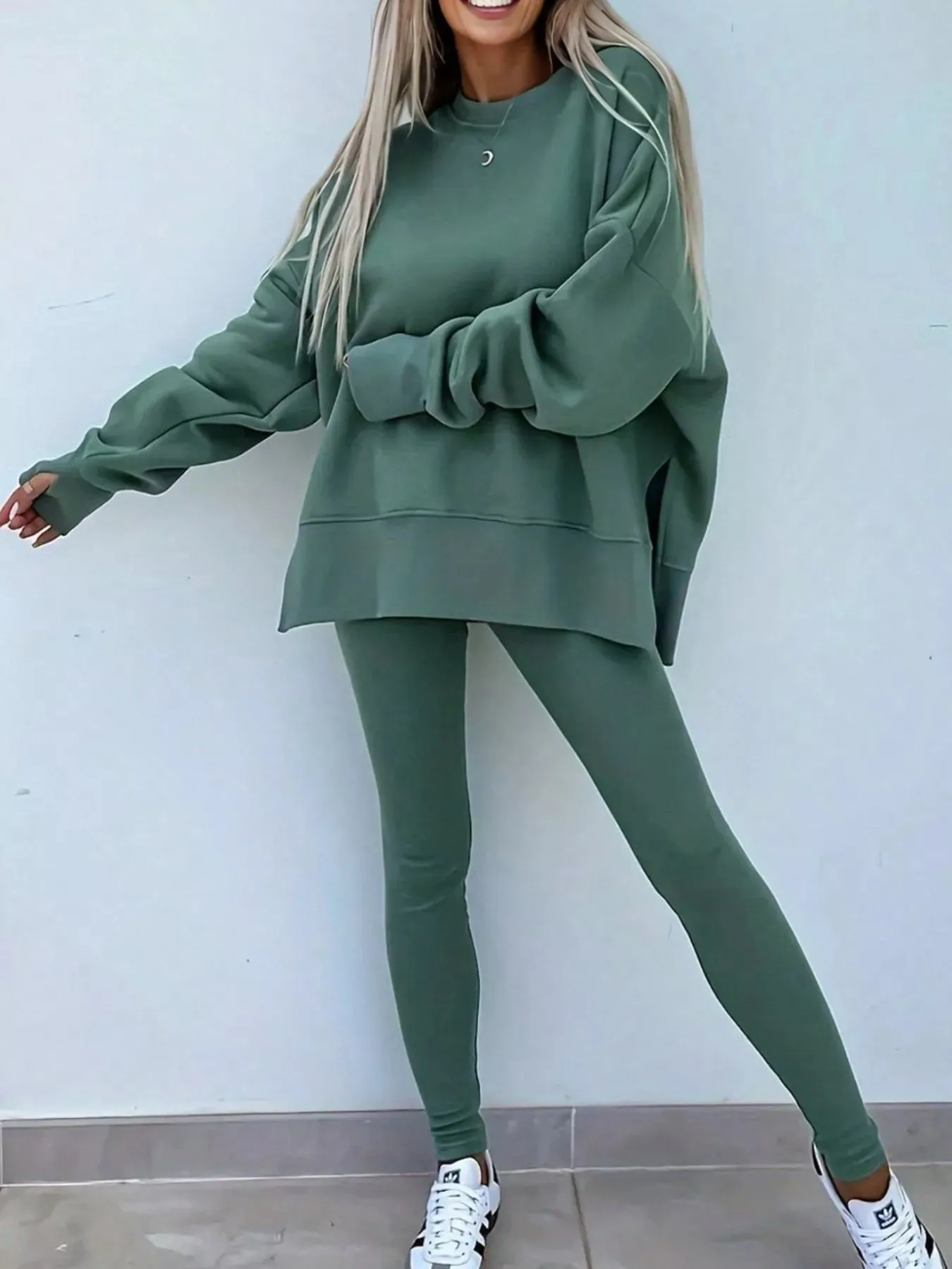 Solid Color Oversize Slit Sweatshirt and Ribbed Leggings 2pcs Set sold by Charming Charlie product image thumbnail 2