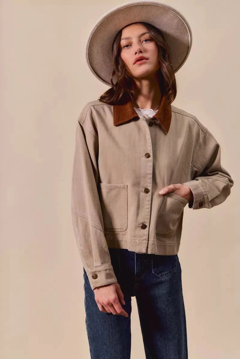 SO ME Cotton Twill Cropped Barn Jacket wtih Collar sold by Charming Charlie product image thumbnail 3