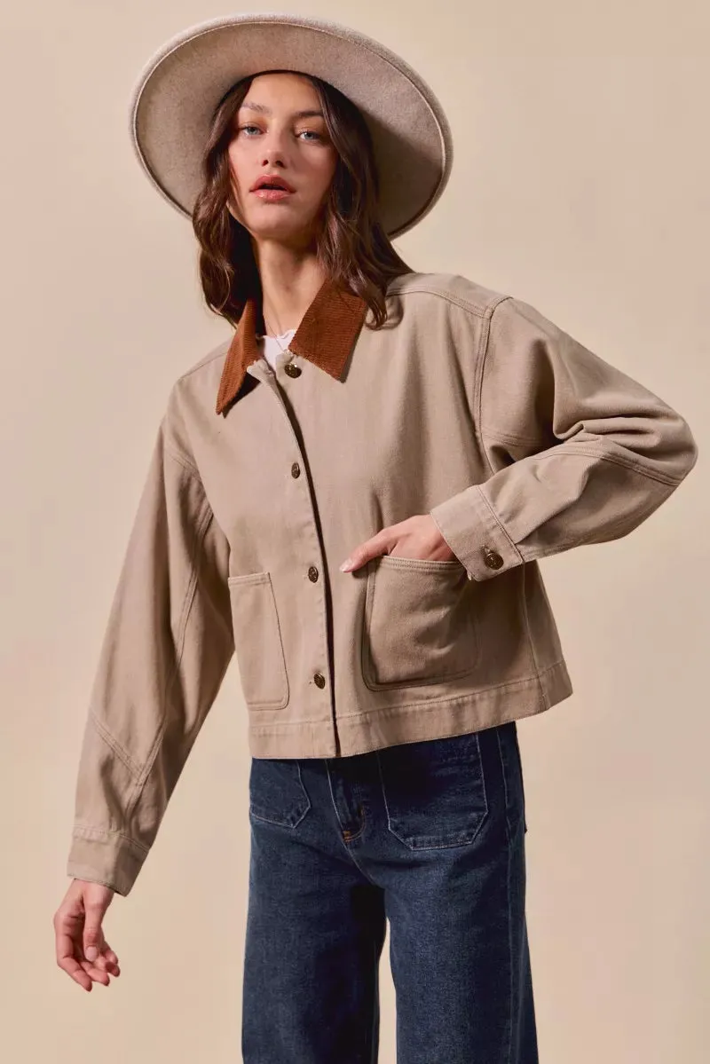 SO ME Cotton Twill Cropped Barn Jacket wtih Collar sold by Charming Charlie product image thumbnail 4